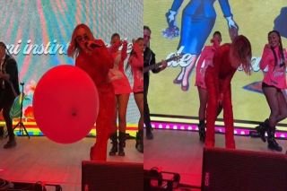 Belinda le da un pelotazo a fan durante show