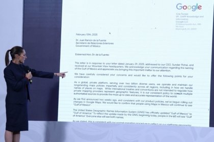 Sheinbaum reitera, habr&aacute; demanda contra Google si insiste en cambiar de nombre al Golfo de M&eacute;xico