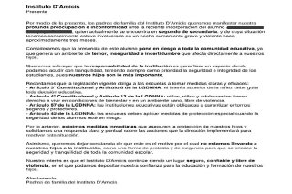 Padres de familia se niegan llevar a sus hijos al instituto D'amicis en protesta por la inscripci&oacute;n de un menor acusado de asesinato