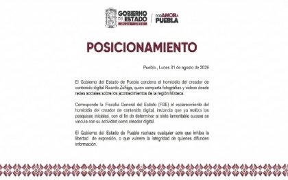 Condena Gobierno de Puebla homicidio del creador de contenido Ricardo Z&uacute;&ntilde;iga y exige esclarecimiento
